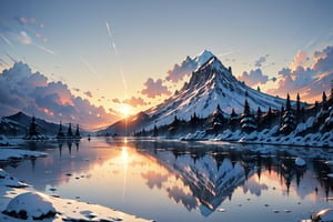 Landscape, sky, blurry, tree, winter, snow, stunning aesthetics, sunlight, majestic volcano, beautiful and detailed image, ice, reflection, sunset, 8k, ((masterpiece: 2)).