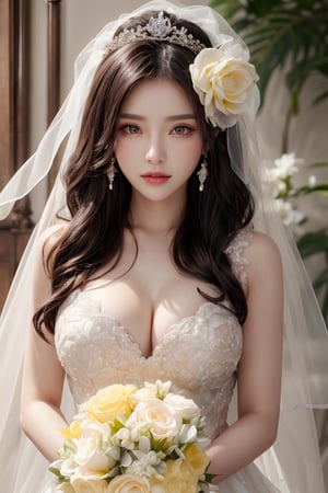 (masterpiece, best quality, highres:1.3), (Gray eyes, black hair, medium hair, wavy hair, hair between eyes, 1girl, big breasts) upperbody, A delicate, ethereal flowing hair, adorned with foliage. dressed in an intricate, yellow silky, high-quality wedding dress. holding a bouquet of glowing, white flowers. Soft, glowing orbs surround the figure, adding to the dreamy, mystical atmosphere. Wedding, bride, She is a queen,, beauty, idol,Japanese,maw4r,n4git4