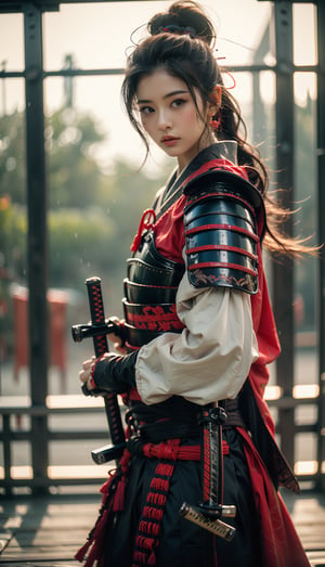 1girl,Sweet,, ,full body ,large breasts,The background is rainy day,cityscape,1 girl,beautiful girl,Female Samurai, Holding a Japanese Sword, shining bracelet,beautiful hanfu(white, transparent),cape, solo, {beautiful and detailed eyes}, calm expression, natural and soft light, delicate facial features,very small earrings, ((model pose)), Glamor body type, (neon hair:1.2),  beehive,long ponytail,very_long_hair, hair past hip, curly hair, flim grain, realhands, masterpiece, Best Quality, photorealistic, ultra-detailed, finely detailed, high resolution, perfect dynamic composition, beautiful detailed eyes, eye smile, ((nervous and embarrassed)), sharp-focus, full_body, sexy pose,cowboy_shot,Samurai girl,glowing forehead,lighting, Japanese Samurai Sword (Katana)