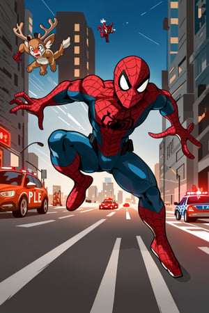 Generate an image of Spider-Man engaged in a high-speed chase with police officers through the bustling streets of a city. The scene captures the intensity of the pursuit, with Spider-Man dodging obstacles and leaping across rooftops, all while being pursued by multiple police cars and helicopters,furry,Rudolf_Red_Nose