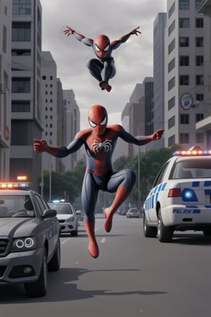 Generate an image of Spider-Man engaged in a high-speed chase with police officers through the bustling streets of a city. The scene captures the intensity of the pursuit, with Spider-Man dodging obstacles and leaping across rooftops, all while being pursued by multiple police cars and helicopters