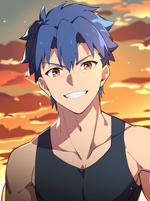 masterpiece, best quality, amazing quality, best aesthetic, absurdres, 1boy, solo, male focus, fsn_ubw_style, sunset, blue hair, short hair, blue fit tight tank top, brown eyes, cool grin, looking at viewer, upper body only