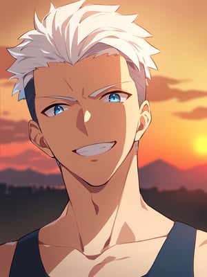 masterpiece, best quality, amazing quality, best aesthetic, absurdres, 1boy, solo, male focus, fsn_ubw_style, sunset, white hair, short hair, undercut, blue fit tight tank top, blue eyes, cool grin, looking at viewer, upper body only