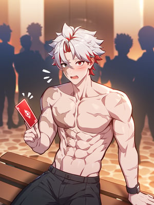 Masterpiece, best quality, amazing quality, best aesthetic, amazing quality, male focus, looking at viewer, scar_wuwa, multicolored hair, white hairred hair, heterochromia, red eyes, black eyes, scar, public park location, sitting on bench, topless male, abs, black shorts, watch on left hand, shocked, mad, blush, open mouth, crowded people in the background, holding card