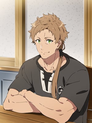 Masterpiece, best quality, absurdres, amazing quality, best aesthetic, 1boy, male focus, paul greyrat, ponytail, brown hair, green eyes, muscular, looking at viewer, sitting on chair, light brown t-shirt, soft smile, background in home, mushoku_tensei_style