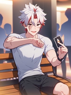 Masterpiece, best quality, amazing quality, best aesthetic, amazing quality, male focus, looking at viewer, scar_wuwa, multicolored hair, white hairred hair, heterochromia, red eyes, black eyes, scar, public park location, sitting on bench, white t-shirt, black shorts, watch, cool smile, open mouth, relax, crowded people in the background, holding card