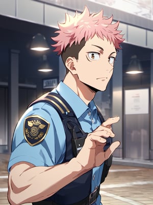 Masterpiece, best quality, amazing quality, best aesthetic, amazing quality, 1boy, solo, male focus, yuuji_itadori, pink hair, brown eyes, short hair, undercut, policeman, police uniform, police hat, police station, looking at viewer, upper body only