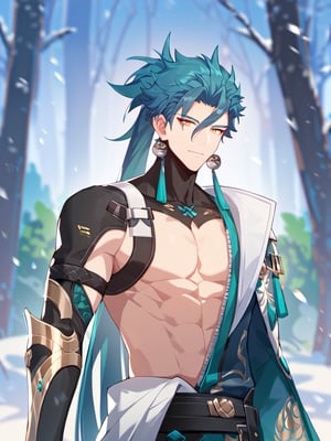 Masterpiece, best quality, amazing quality, best aesthetic, amazing quality, 1boy, solo, male focus, jiyan_wuwa, green hair, long hair, yellow eyes, red eyeliner, woods, looking at viewer, snowy night weather, shirtless, topless male