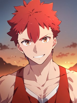 masterpiece, best quality, amazing quality, best aesthetic, absurdres, 1boy, solo, male focus, fsn_ubw_style, sunset, red hair, short hair, red fit tight tank top, brown eyes, cool grin, looking at viewer, upper body only