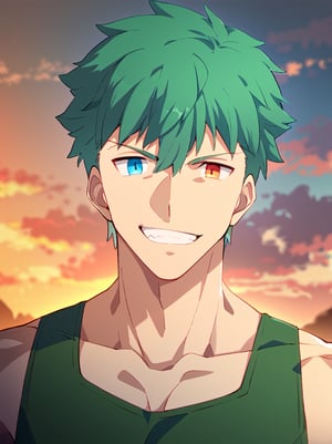 masterpiece, best quality, amazing quality, best aesthetic, absurdres, 1boy, solo, male focus, fsn_ubw_style, sunset, green hair, short hair, green fit tight tank top, heterochromia eyes, cool grin, looking at viewer, upper body only