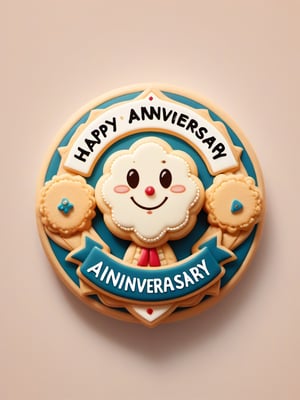 masterpiece, best quality, amazing quality, best aesthetic, absurdres, semi realistic, badge focus, good writing, anniversary badge, badge shaped cookies, (text on badge "Tensor Happy Anniversary 1st":1.45), simple background