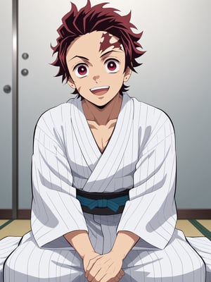 Masterpiece, best quality, amazing quality, best aesthetic, amazing quality, 1boy, solo, male focus, 1boy, solo, male focus, looking at viewer, smile, open mouth, white yukata, sitting on futon, tanjirou_kamado, red hair, red eyes, short hair, scar on forehead