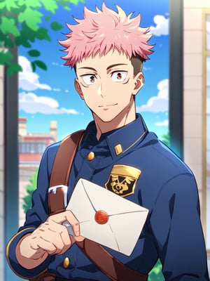 Masterpiece, best quality, amazing quality, best aesthetic, amazing quality, 1boy, solo, male focus, yuuji_itadori, pink hair, brown eyes, short hair, undercut, mailman, mailman uniform, waist bag, giving letter, looking at viewer, upper body only