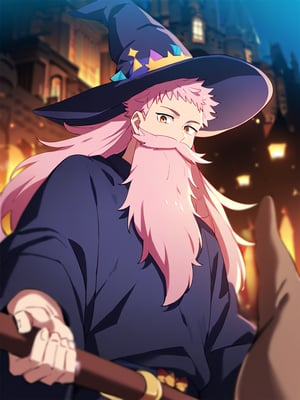 Masterpiece, best quality, amazing quality, best aesthetic, amazing quality, 1boy, solo, male focus, yuuji_itadori, pink hair, brown eyes, long hair, dark and purple theme, witch hat, witch robe, pink long mustache,pink long beard,pov, upper body only, depth of field, castle in background, holding staff
