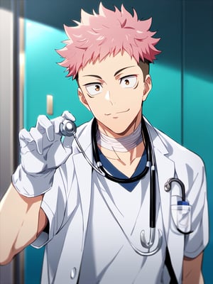 Masterpiece, best quality, amazing quality, best aesthetic, amazing quality, 1boy, solo, male focus, yuuji_itadori, pink hair, brown eyes, short hair, undercut, doctor, doctor uniform, stethoscope wrapped on neck, looking at viewer, white gloves, upper body only