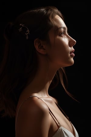 girl looking up, side view, profile, white dress with straps, dark background, dramatic lighting
