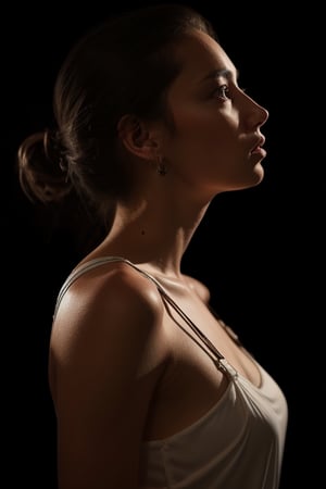 girl looking up, side view, profile, white dress with straps, dark background, dramatic lighting,SD 1.5,photorealistic