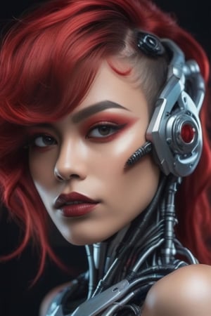 mulher cyborg sensual, óculos futurista, cabelos vermelho