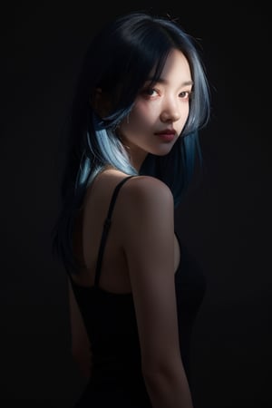 teenage girl, blue hair, dark background, dramatic light