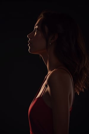 girl looking up, side view, profile, red dress with straps, dark background, dramatic lighting,SD 1.5,photorealistic