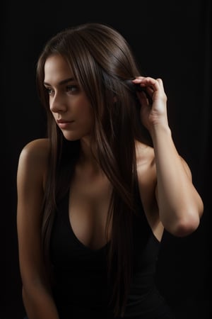 a teenage girl combing her hair, dramatic light, dark background,Masterpiece