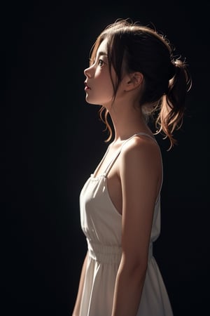 girl looking up, side view, profile, white dress with straps, dark background, dramatic lighting,SD 1.5