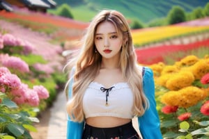 Lovely cute young attractive teenage girl, village girl, 18 year old, cute , an instagram model, long blonde hair, colorful hai , warm, walking in beautiful flower garden, korean skin tone, height 5.6 ft,more detail XL