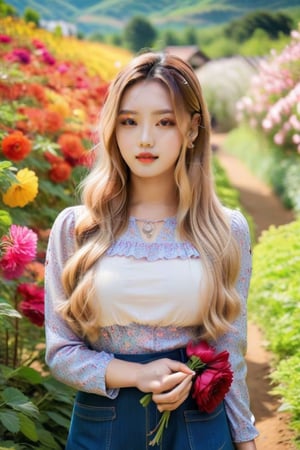 Lovely cute young attractive teenage girl, village girl, 18 year old, cute , an instagram model, long blonde hair, colorful hai , warm, walking in beautiful flower garden, korean skin tone, height 5.6 ft