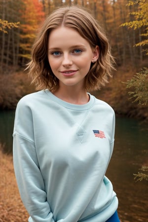 realhands Highly detailed, high quality, masterpiece, beautiful and perfect eyes, photo realistic, (American shot) 14 year old teenage girl with short orange hair, green eyes, freckles, small breasts, small body, knowing smile, bold and challenging pose , sweatshirt, leggings, on the river bank in the middle of the coniferous forest in autumn,photorealistic