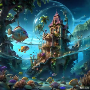 MAGICAL cute STORYBOOK tropical bay , shabby STYLE lovely house on the tropical bay ON THE book PAGE, summer, tropical fish in the water. Modifiers: highly detailed dof trending on cgsociety steampunk fantastic view ultra detailed 4K 3D whimsical Storybook beautifully lit etheral highly intricate stunning color depth disorderly outstanding cute illustration cuteaesthetic Boris Vallejo style shadow play The mood is Mysterious and Spellbinding, with a sense of otherworldliness otherwordliness macro photography style LEONARDO DIFFUSION XL STYLE vintage-boho,stopmotion