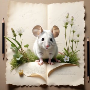 ((ultra realistic photo)), artistic sketch art, Make a little WHITE LINE pencil sketch of a cute LITTLE MOUSE on an old TORN EDGE paper , art, textures, pure perfection, high definition, LITTLE FRUITS around, TINY DELICATE FLOWERS, GRASS FIBERS on the paper, little calligraphy text,BookScenic