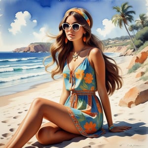 young girl , lazy long hair style, beautiful eyes, long legs, Riviera summer beach near the ocean (full body shot, '60s hippie style outfit). Modifiers:modern colorful illustration style VINTAGE fashion illustration, by Coby Whitmore, Haddon Sundblom. VINTAGE 1960s hippie fashion illustration, whimsical style, intricately textured and detailed, Pomological Watercolor, depth of field, ultra quality ,ink art, transparent fading , shadow play, high colour contrast,PIXAR