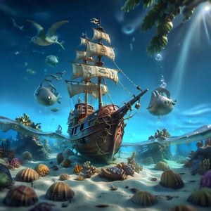 POV angle water, MAGICAL cute STORYBOOK tropical bay , shabby STYLE lovely sailing ship on the beach, view on the tropical bay , summer, semi underwater view, pirate treasures underwater.  Modifiers: highly detailed dof trending on cgsociety steampunk fantastic view ultra detailed 4K 3D whimsical Storybook beautifully lit etheral highly intricate stunning color depth disorderly outstanding cute illustration cuteaesthetic Boris Vallejo style shadow play The mood is Mysterious and Spellbinding, with a sense of otherworldliness  otherwordliness macro photography style LEONARDO DIFFUSION XL STYLE vintage-futuristic
