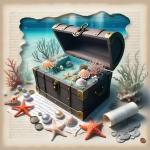 ((ultra realistic photo)), artistic sketch art, Make a little PASTELL pencil sketch of a MAGICAL LOVELY TREASURE CHEST on an old TORN EDGE paper UNDERWATER SEA BOTTOM , art, textures, pure perfection, high definition, TINY DELICATE SEA-SHELL, TINY STARFISH, PEARLS, DELICATE CORAL, TINY SILVER COIN, SEAWEED, GEMS, SHELL AROUND the paper, detailed calligraphy texts, TINY delicate drawings, tiny delicate signature,BookScenic,underwater,AtlantisWorld