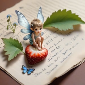 ((ultra realistic photo)), artistic sketch art, Make a little PASTELL pencil sketch of a cute TINY PIXIE SITTING on an old TORN EDGE paper , art, textures, pure perfection, high definition, TINY DELICATE FLOWERS, WILD BERRIES ,STRAWBERRY, LEAF, FEATHER, TINY MUSHROOM, TINY BUTTERFLY, TINY SUNBEAM, GRASS FIBERS on the paper,  detailed calligraphy texts, TINY delicate drawings, tiny delicate signature,BookScenic,underwater