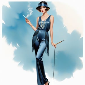 young girl with baby blue eyes, hair styled messy, full body shot, flapper satin pant, standing, long legs, long cigarette, fume Modifiers: Henry Clive   illustration,