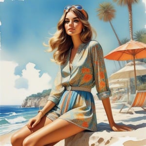 young girl , lazy long hair style, long legs, Riviera summer beach near the ocean (full body shot, '60s hippie style outfit). Modifiers:modern colorful illustration style VINTAGE fashion illustration, Coby Whitmore ART, VINTAGE 1960s hippie fashion illustration, whimsical style, intricately textured and detailed, Pomological Watercolor, depth of field, ultra quality ,ink art, transparent fading , shadow play, high colour contrast,