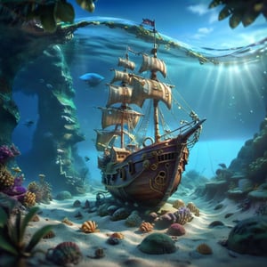 POV angle water, MAGICAL cute STORYBOOK tropical bay , shabby STYLE lovely sailing ship on the beach, view on the tropical bay , summer, semi underwater view, treasures underwater.  Modifiers: highly detailed dof trending on cgsociety steampunk fantastic view ultra detailed 4K 3D whimsical Storybook beautifully lit etheral highly intricate stunning color depth disorderly outstanding cute illustration cuteaesthetic Boris Vallejo style shadow play The mood is Mysterious and Spellbinding, with a sense of otherworldliness  otherwordliness macro photography style LEONARDO DIFFUSION XL STYLE vintage-futuristic