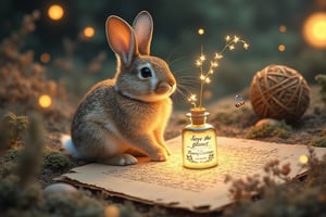 ((ultra realistic photo)), artistic sketch art, Make a little pencil sketch of a cute LITTLE hare on an old TORN EDGE paper , art, textures, pure perfection, high definition, feather around, TINY DELICATE FLOWERS, ball of yarn, cushion, pillow on the paper, detailed calligraphy texts, TINY delicate drawings, tiny delicate signature .The bottle’s glow casts a magical aura over the scene, creating an atmosphere of forgotten spells, ancient magic, and hidden secrets. fireflies around the bottle. The bottle labelled with the text "save the planet"! SOME Tiny, vibrant flower and moss encircle the letter. The overall scene is tranquil yet mystical, with nature reclaiming the old magical relic. The overall scene is whimsical, serene, and full of enchantment.