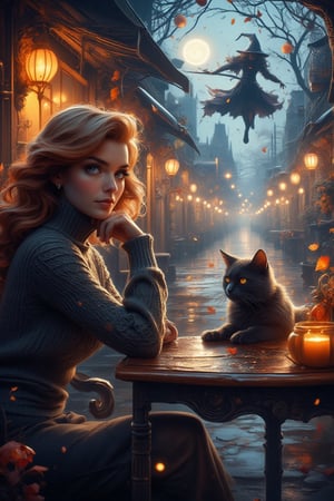 From the street, we see a beautiful girl (in a turtleneck pullover) In this magically sweet portrait, a cute young girl with soft, wavy reddish hair, deep blue eyes, smiles gently, sitting at a table in a restaurant, her gaze directed at the rainy street outside, fluffy black cat sitting with her . Colorful autumn leaves swirl in the wind, and the street is glowing with magical Halloween twilight lights. The antique-style street is decked out in spooky Halloween decorations, adding an eerie yet festive vibe to the scene. The girl’s stillness contrasts with the enchanting, lively magical Halloween atmosphere outside. The portrait radiates innocence and warmth, capturing a moment of pure sweetness. fantasy, magical, neat illustration, UHD. Modifiers:Pino Daeni etheral otherwordliness LEONARDO DIFFUSION XL STYLE, crisp quality,, A witch on a broomstick flies gracefully above the street.
