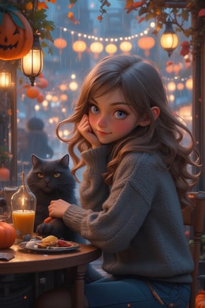 From the street, we see a beautiful girl (in a turtleneck pullover) In this magically sweet portrait, a cute young girl with soft, wavy ash brown hair smiles gently, sitting at a table in a restaurant, her gaze directed at the rainy street outside, shiny black cat sitting with her . Colorful autumn leaves swirl in the wind, and the street is glowing with magical Halloween twilight lights. The antique-style street is decked out in spooky Halloween decorations, adding an eerie yet festive vibe to the scene. The girl’s stillness contrasts with the enchanting, lively magical Halloween atmosphere outside.
