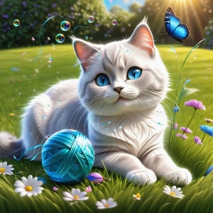 a BRITISH shorthaired BLUE EYED HAPPY PLAYFUL cat play with a ball of yarn in the grass , (art, textures, pure perfection, high definition), feathers around, TINY DELICATE FLOWERS, ball of yarn, flower petals , Sun beam, 1SOAP BUBBLE, butterfly, tiny dew drops float, detailed calligraphy texts float, tiny delicate drawings,disney pixar style,SD 1.5