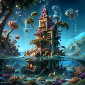 MAGICAL cute STORYBOOK tropical bay , shabby STYLE lovely house on the tropical bay ON THE book PAGE, summer, tropical fish in the water. Modifiers: highly detailed dof trending on cgsociety steampunk fantastic view ultra detailed 4K 3D whimsical Storybook beautifully lit etheral highly intricate stunning color depth disorderly outstanding cute illustration cuteaesthetic Boris Vallejo style shadow play The mood is Mysterious and Spellbinding, with a sense of otherworldliness otherwordliness macro photography style LEONARDO DIFFUSION XL STYLE vintage-boho,stopmotion