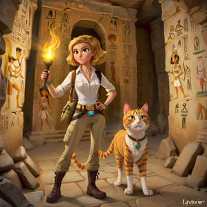 one tall skiny explorer woman in cargo pants khaki boots and white shirt, bob hair,  exploring the Pharao's catacomb with a torch, anchient Egyptian golden paintings, runes on the wall, one cute cat with the explorer ,flatee