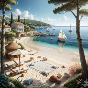 A serene NIzza beach scene unfolds before us. Little apartman house with terrace. Soft white sand stretches beneath the gentle sway of trees, while a family plays and laughs together and sunbathe. In the distance, a majestic sailing ship glides across the calm sea, its sails billowing in the breeze. Blankets scatter the shore, topped with tiny treasures: delicate sea-shells and starfish. The highly detailed landscape, reminiscent of Jean-Jacques Sempé's whimsical illustrations from Petit Nicolas, comes to life in PASTEL SHADES.