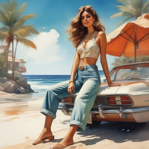 young girl , lazy long hair style, long legs, Riviera spring beach near the ocean (full body shot, '60s hippie style long baggy jeans). Modifiers:modern colorful illustration style VINTAGE fashion illustration, (by Loish, Leyendecker, james gilleard, Haddon Sundblom ART) , VINTAGE 1960s hippie boho fashion illustration, whimsical style, intricately textured and detailed, Pomological Watercolor, depth of field, ultra quality ,ink art, transparent fading, shadow play, high colour contrast,