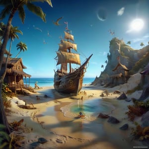 we see the enchanted tropical shore  on the rough sand, DETAILED enchanted beach resort life, sailing ships, tropical bungalows under the  magnifying glass.. Modifiers: Unreal Engine, Nazar Noschenko, magical, Pino Daeni, etheral, midjourney, ghostly, Astounding, outstanding, otherwordliness, cute illustration, cuteaesthetic, Boris Vallejo style, highly intricate, whimsical, 4K 3D, stunning color depth, cute illustration, Salvador Dalí