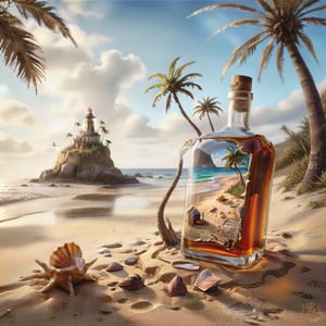 ((ultra ARTISTIC sketch)), (artistic sketch art), Make a 3d DETAILED old torn edge paper on the sand, a detailed Sketch on the paper about a photorealistic picture of an empty bottle of an expensive Whiskey buried in the sands of an island, a lone palm tree, seashell near the bottle, wavy sea background, best realistic, best details, best quality, 16k, [ultra detailed], masterpiece, best quality, (extremely detailed), ultra wide shot, photorealism, depth of field, hyper realistic painting, 3d rendering mysterious, Breathtaking VieW, Jean-Baptiste Monge, Kukharskiy Igor, Thomas wells schaller style, magical scenery, Nazar Noschenko Modifiers: dof trending on cgsociety fantastic view ultra detailed 4K 3D whimsical Storybook beautifully lit etheral Quirky Exquisite highly intricate stunning color depth outstanding cute illustration cuteaesthetic Boris Vallejo style shadow play The mood is Mysterious and Spellbinding, with a sense of otherworldliness, macro photography style LEONARDO DIFFUSION XL STYLE