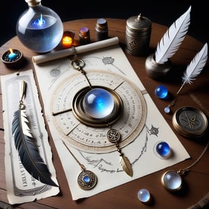 ((ultra ARTISTIC sketch)), (artistic sketch art), Make a 3d DETAILED old torn paper scroll on a scraped old desk (detailed runes on the paper and silver feather pendant with moonstone ball) crystal, moonshine, silver coin, little moonstone gem , tiny candle, tiny potion jar, spiderweb, DISORDERED,BookScenic,map,glitter,DonMSn0wM4g1cXL