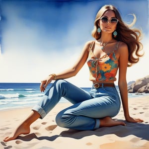 young girl , lazy long hair style, long legs, Riviera summer beach near the ocean (full body shot, '60s hippie style long jeans). Modifiers:modern colorful illustration style VINTAGE fashion illustration, by Coby Whitmore, Haddon Sundblom. VINTAGE 1960s hippie fashion illustration, whimsical style, intricately textured and detailed, Pomological Watercolor, depth of field, ultra quality ,ink art, transparent fading , shadow play, high colour contrast,beautypinupart,glass,DonMM4g1cXL,Cinematic ,LegendDarkFantasy